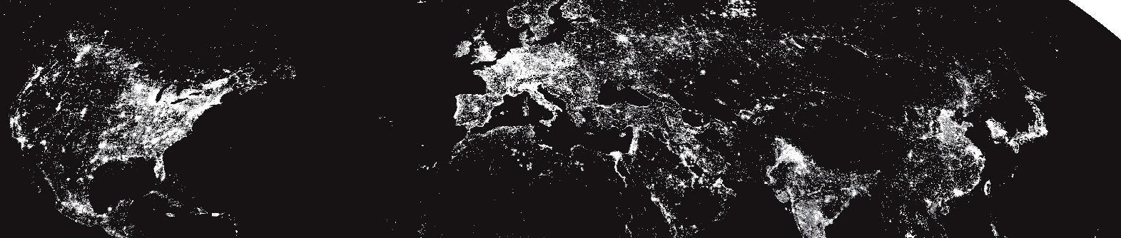 black and white map of the world from orbit at night highlighting city lights