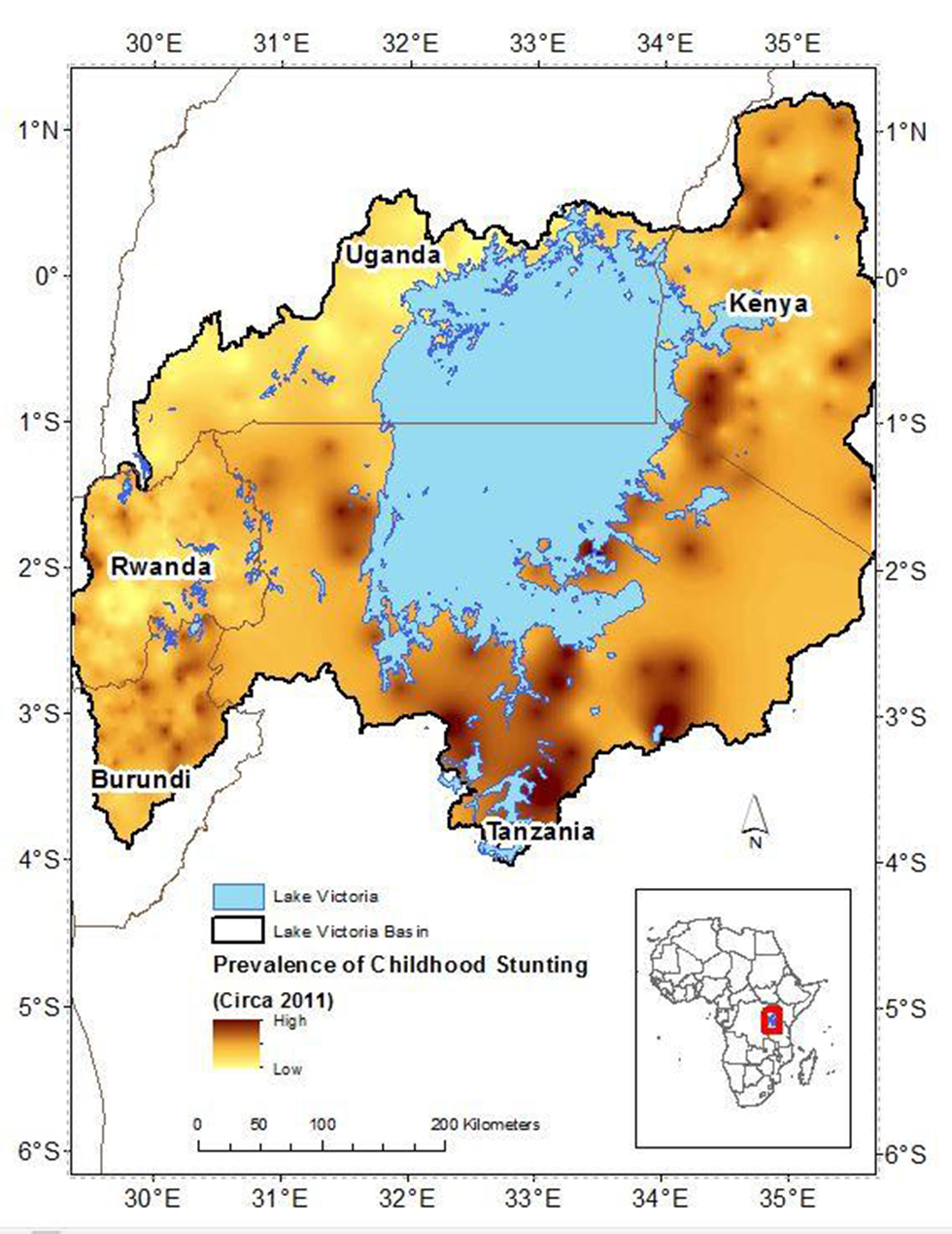 map of childhood stunting from malnutrition of sub-saharan africa