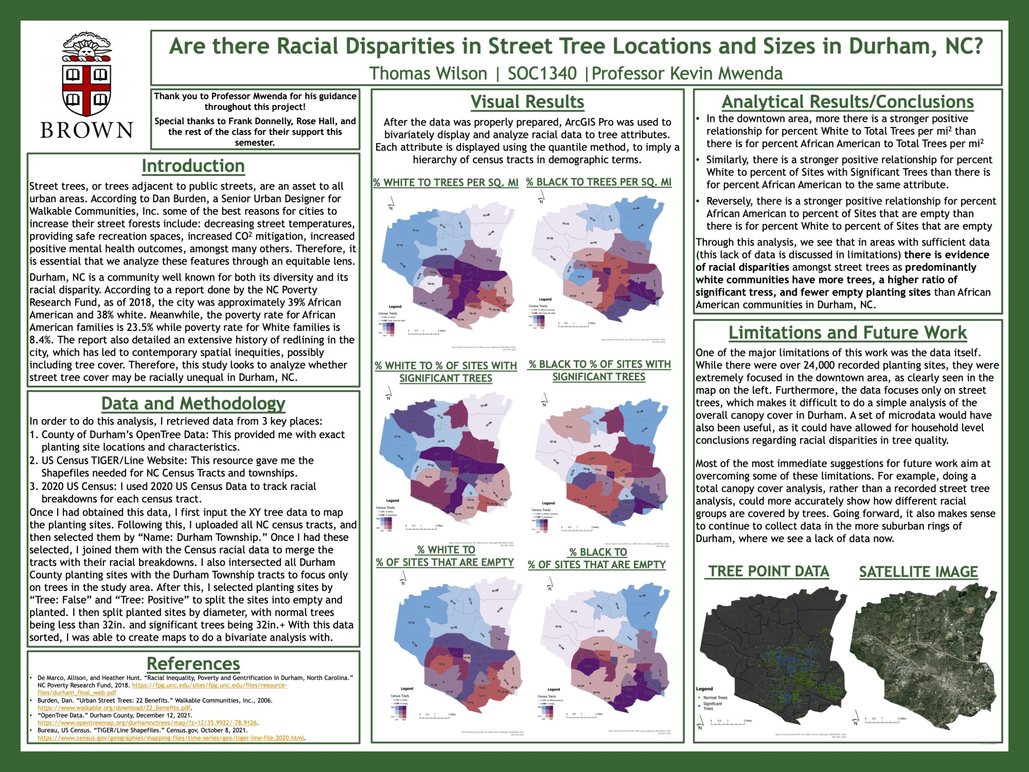 Poster dense with images and text for project on Trees in Durham NC