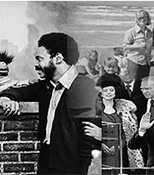 old black and white photo of a montage scene including people and sesame street muppets