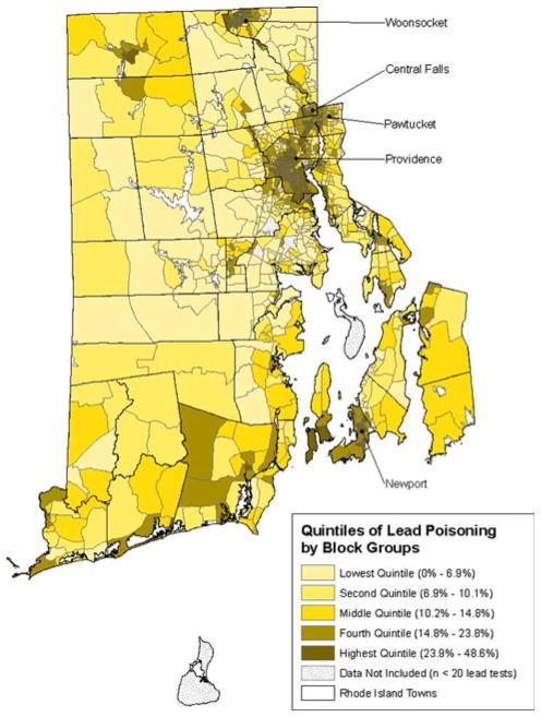 Map of rhode island showing quintiles of lead poisoning by block groups