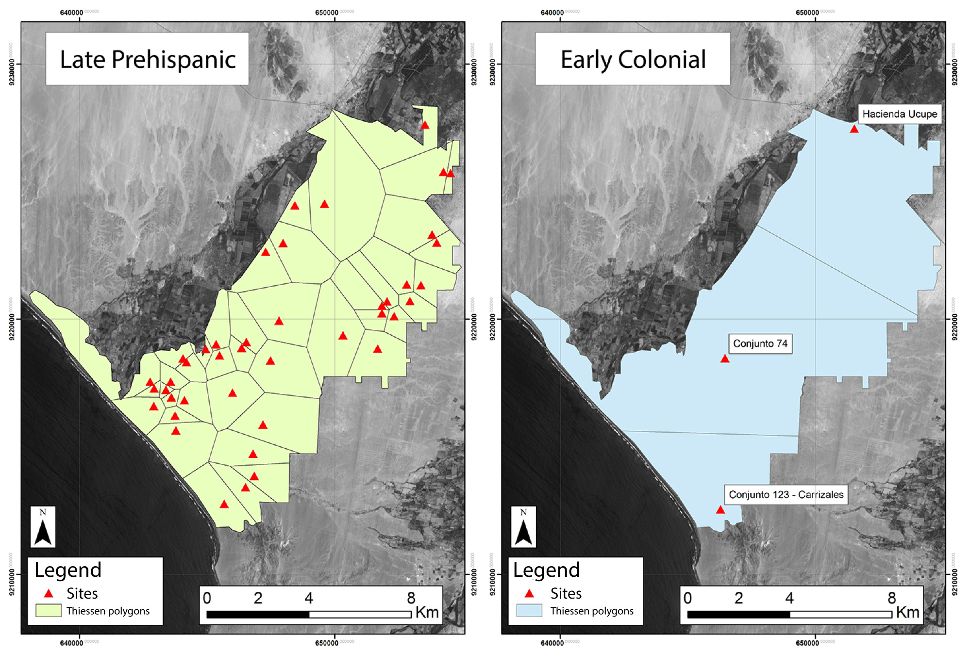 dual map showing late prehispanic to early colonial periods of settlement in the lower zana valley