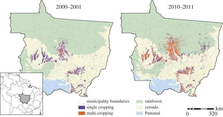 dual map showing the intensification of Brazilian agriculture at Mato Grosso from 2000 to 2011.